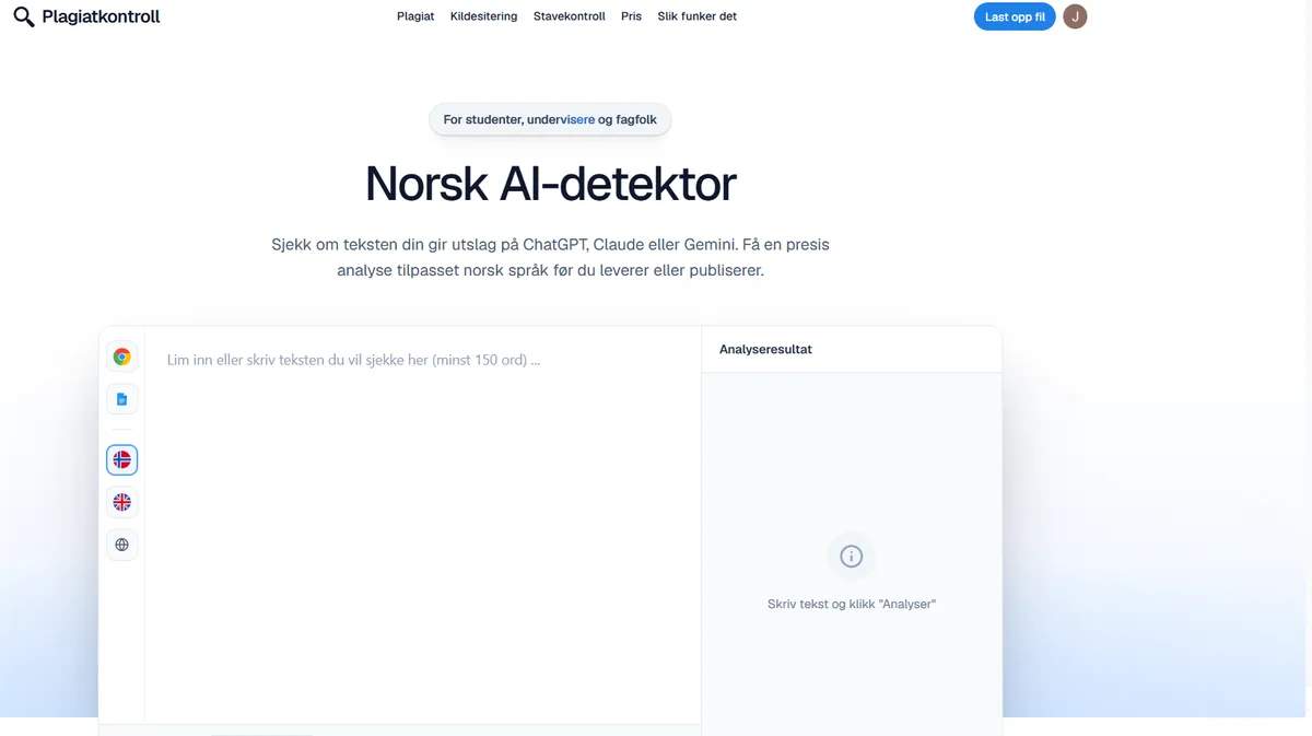 Skjermbilde av den norske AI-detektoren hos Plagiatkontroll